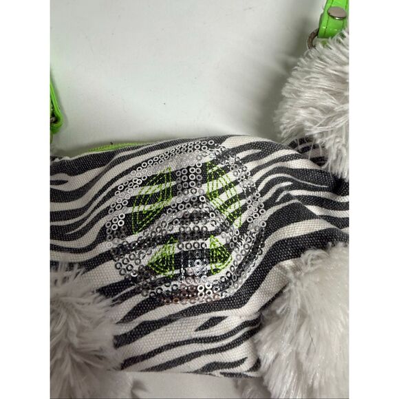 Girls Retro Hippie Dog Peace Sign White Fuzzy Dog Purse Zebra Stripe Retro Decor - Picture 2 of 8